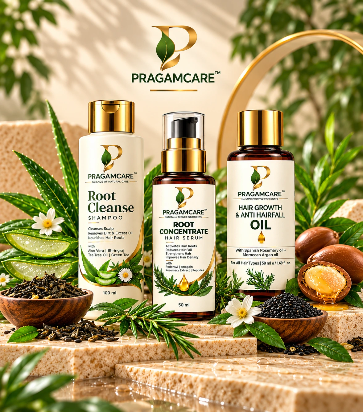 PRAGAMCARE hair care range — Root Cleanse Shampoo, Root Concentrate Hair Serum and Hair Growth Oil
