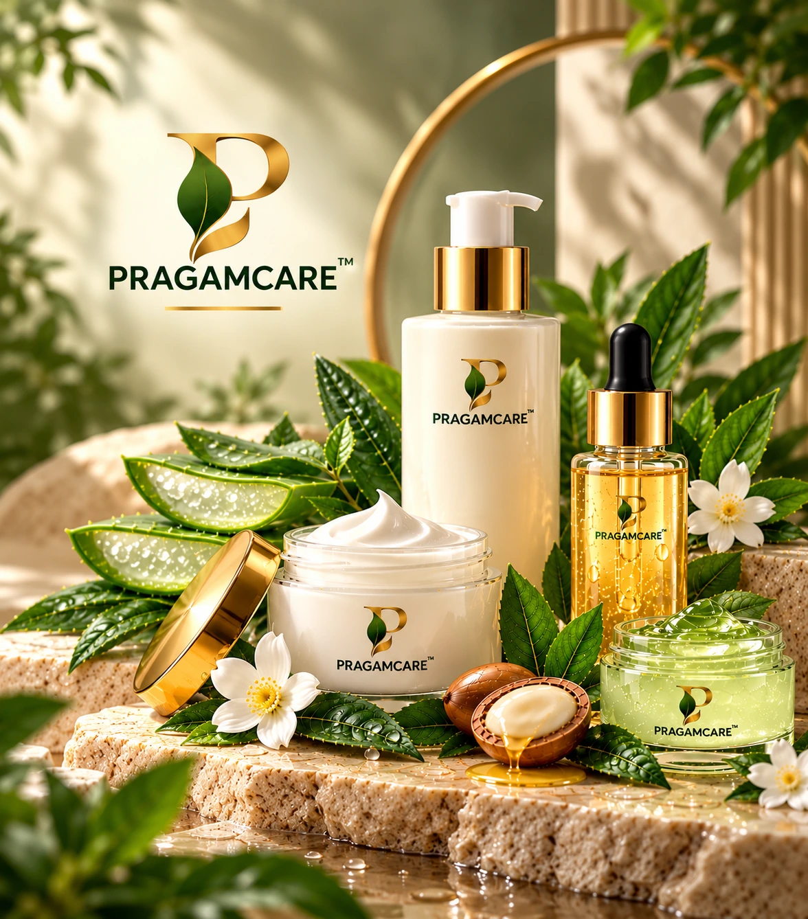 PRAGAMCARE skin care range — cleanser, cream, serum and gel